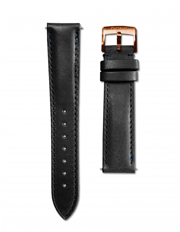 LEATHER STRAP 18/16MM - BLACK - S-STEEL/PINK GOLD PIN BUCKLE